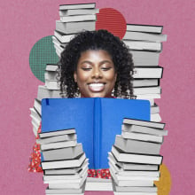 A woman surrounded by books