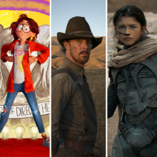 Five stills: a young woman on a fishing boat, a young woman standing with her hands on her hips in front of a colorful red and yellow background, a man in a cowboy hat in the plains, a woman in a futuristic suit in the desert, a cloaked woman standing in fog