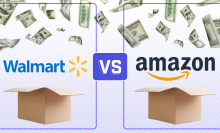 side by sides of the walmart and amazon logos above boxes and below falling $100 bills