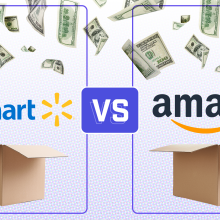 side by sides of the walmart and amazon logos above boxes and below falling $100 bills