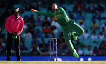  Tabraiz Shamsi of South Africa attempts to catch a ball 