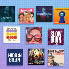 Headphones surround the thumbnail logos of the best podcasts of 2024. 