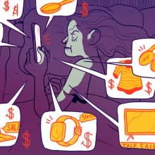 illustrated woman bombarded by deals on phone