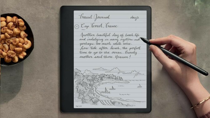 a right hand writes on the kindle scribe with the included pen