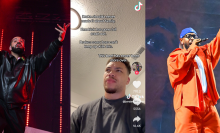 three images compiled together, drake rapping on left, center screenshot of man reacting to rap beef, right is kendrick lamar rapping