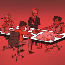 A diverse group of six people is gathered around a table, engaged in a serious discussion or planning session. The table is covered with maps, papers, and coffee cups. The background is shaded in red, giving a sense of urgency or intensity. The individuals vary in attire, from casual to formal, and display focused and contemplative expressions.