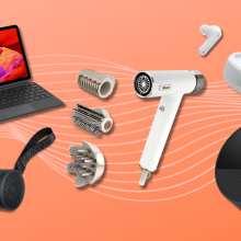 Amazon Fire Max 11 tablet, JBL earbuds, Sony speaker, Shark SpeedStyle, and Echo Spot with orange background