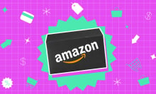 a black amazon box against a bright pink and green background