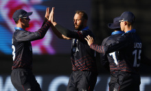 Jan Frylinck of Namibia celebrates with team mates