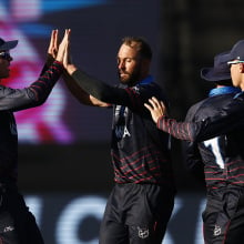 Jan Frylinck of Namibia celebrates with team mates