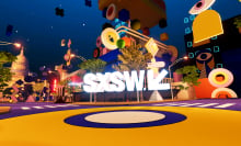 SXSW logo floating on a VR version of downtown Austin.