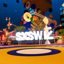 SXSW logo floating on a VR version of downtown Austin.