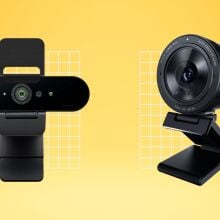 logitech and razer webcams on yellow background