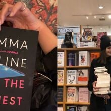 A picture of Dua Lipa holding up a book, next to a picture of Kaia Gerber holding a bunch of books in a bookstore.