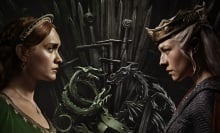 Alicent Hightower and Rhaenyra Targaryen face each other against a backdrop of the Iron Throne.