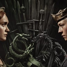 Alicent Hightower and Rhaenyra Targaryen face each other against a backdrop of the Iron Throne.