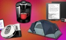 a robot vacuum, coffee maker, tent, and kindle sit on a pink and orange background