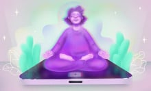 A woman meditating on a large phone with the TikTok logo on it