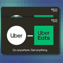 Uber gift cards on blue and green pixelated background