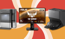 GE Profile ice maker, ASUS gaming monitor, and Roborock robot vacuum with orange, white, and red swirl background