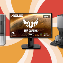 GE Profile ice maker, ASUS gaming monitor, and Roborock robot vacuum with orange, white, and red swirl background