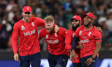 Alex Hales, Ben Stokes, Adil Rashid and Chris Jordan of England celebrate victory