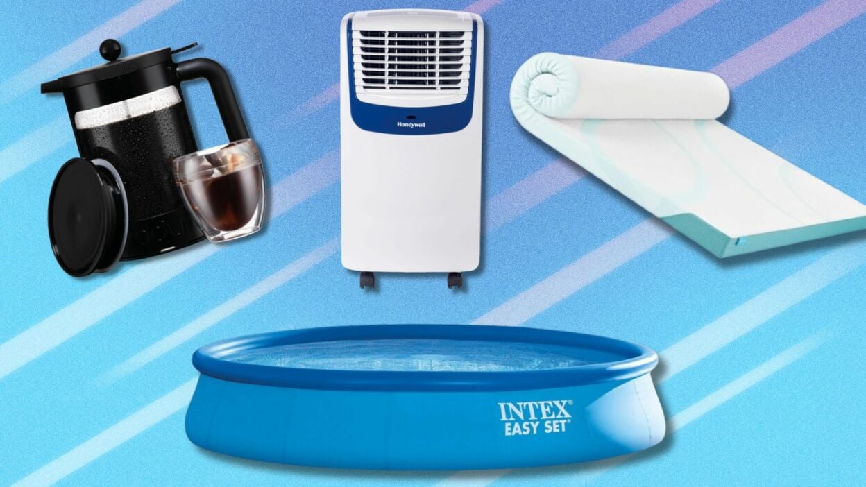 a bodum cold brew maker, honeywell portable air conditioner, intex above-ground pool and tempur-pedic cooling mattress topper on a blue background