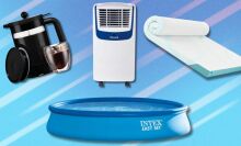 a bodum cold brew maker, honeywell portable air conditioner, intex above-ground pool and tempur-pedic cooling mattress topper on a blue background