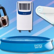 a bodum cold brew maker, honeywell portable air conditioner, intex above-ground pool and tempur-pedic cooling mattress topper on a blue background