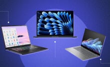 three laptops on sale during prime day against a blue background