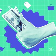 hand holding money on a colorful background