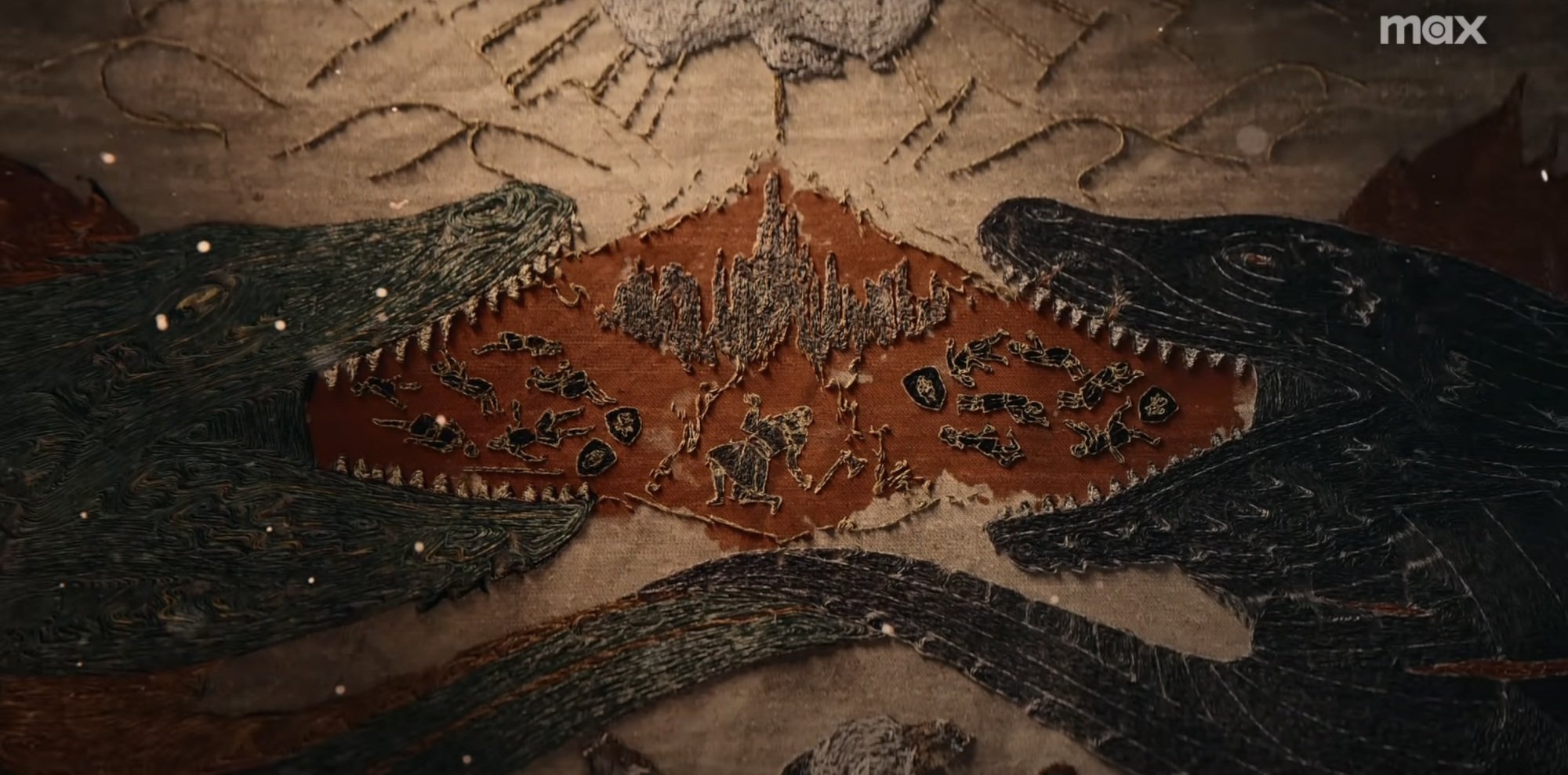 A tapestry of two large dragons breathing fire over a field of dying soldiers and the castle of Harrenhal.
