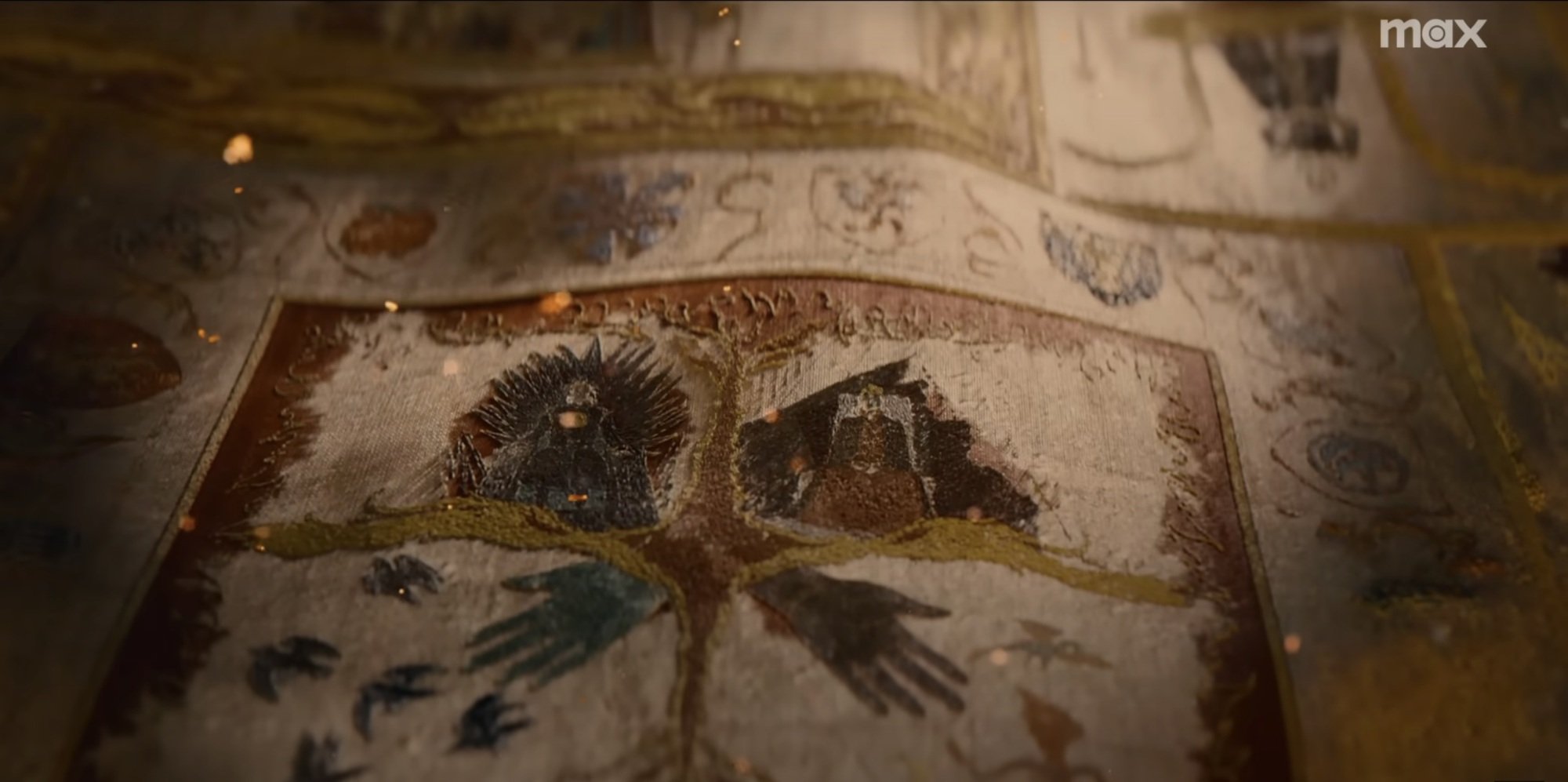 A tapestry of a king and queen on separate thrones, surrounded by sigils of various Westerosi houses.