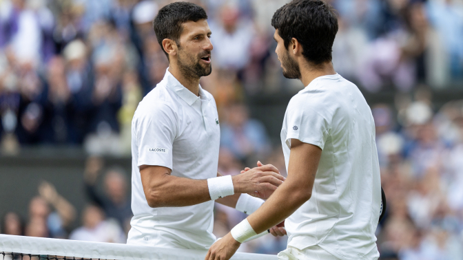 Djokovic and Alcaraz shake hands across the net