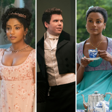 Five people in period clothing. A man in a suit, a young Indian woman in a pink dress, a younger man in another suit, a young woman with red hair and a nightdress, and a young Indian woman in a blue dress drinking tea.