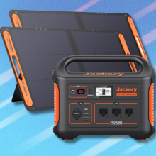 Jackery Solar Generator on light blue abstract background