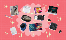 a composite of products on sale during amazon's big spring sale surrounded by sparkle emojis against a coral background