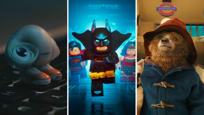 Composite of movie stills from "Marcel the Shell with Shoes On," "The LEGO Batman Movie," and "Paddington."