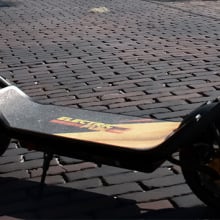 close-up of electric2fun folding scooter on cobblestones