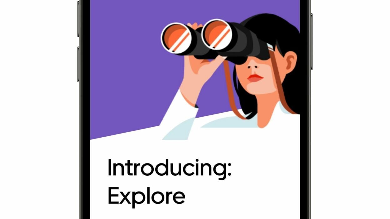 The Uber Explore screen with a cartoon image with binoculars.