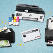 Canon, HP, Kodak, and Epson printers and scanners with blue sparkly background