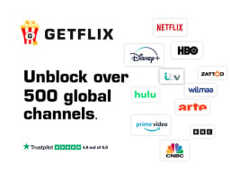 getflix logo against a white background with logos of different streaming services and television networks such as Netflix, Disney+, HBO, MSNBC, Hulu, etc.