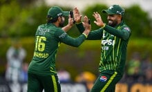 Mohammad Rizwan of Pakistan and team-mate Babar Azam