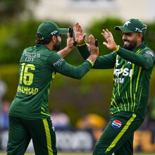 Mohammad Rizwan of Pakistan and team-mate Babar Azam