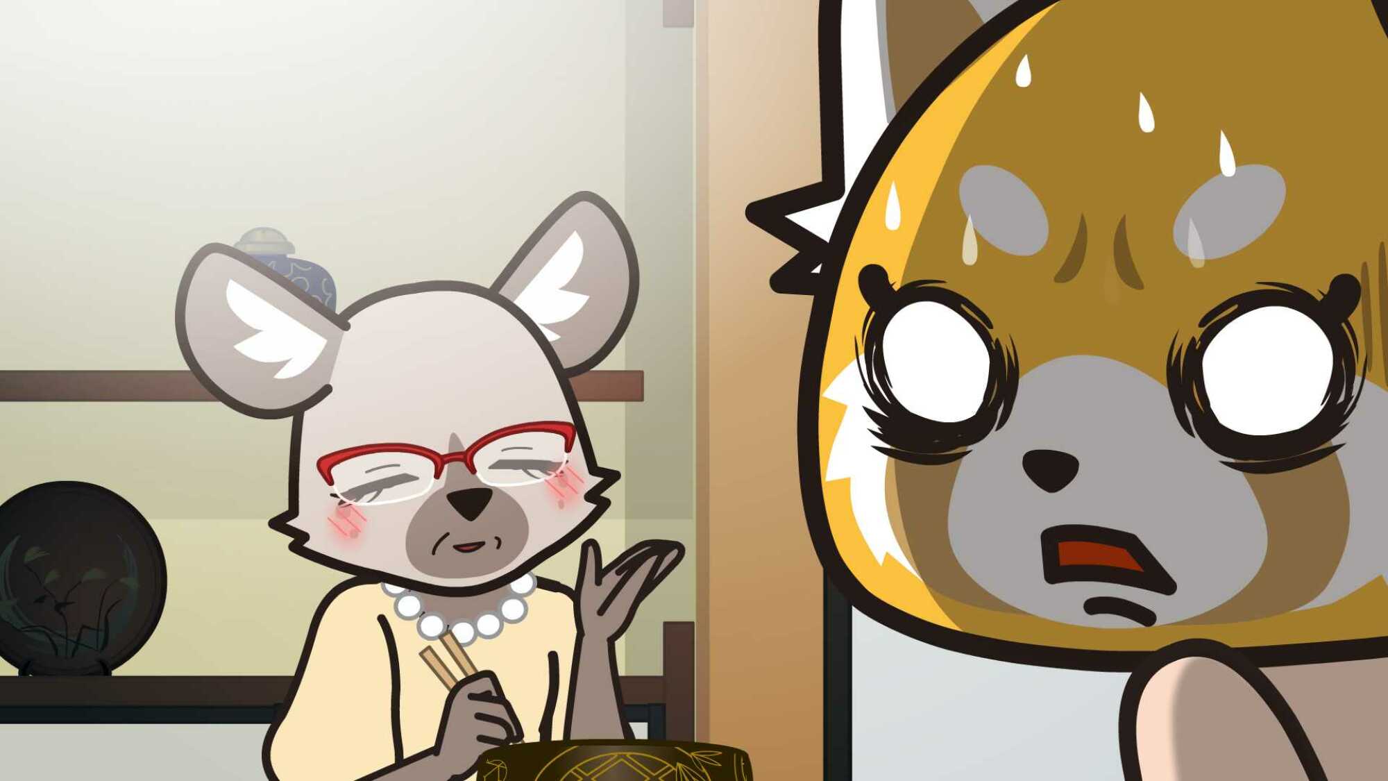 Retsuko looks panicked.