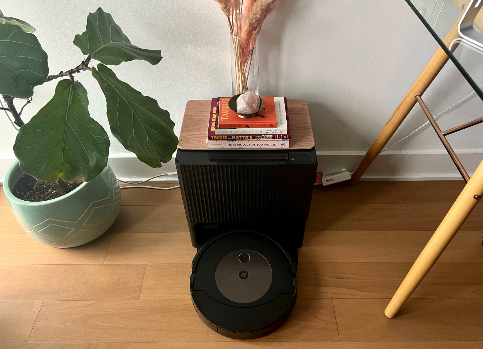 iRobot Roomba Combo j9+ robot vacuum entering dock with potted tree and desk legs in peripherals