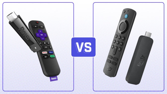 A Roku and Amazon Fire TV stick on a purple background with a versus symbol.