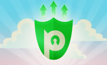 Illustration of the PureVPN logo in front of clouds. 