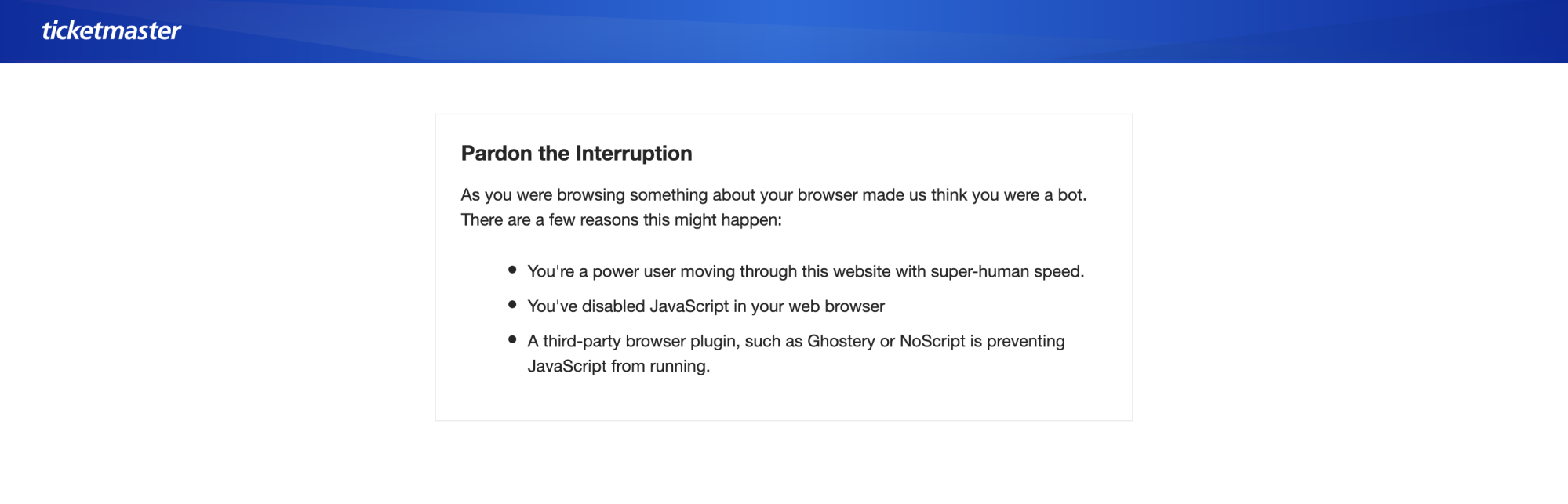 a screenshot of a ticketmaster error page