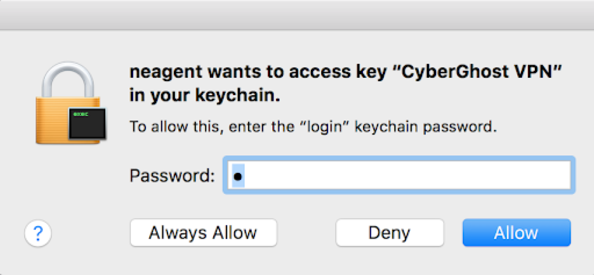 A macOS pop-up with the text "neagent wants to access key 'CyberGhost VPN' in your keychain."